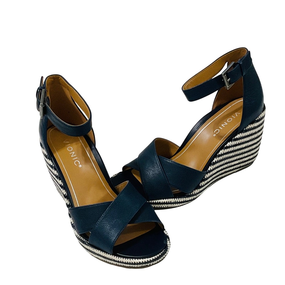 VIONIC Marina womens platform wedge heel sandal navy stripe ankle strap‎ NWT 8